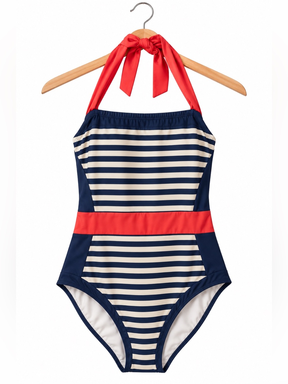 Boden Navy Cream Striped One Piece Swimsuit Size 10 Coral Halter Nautical Swim